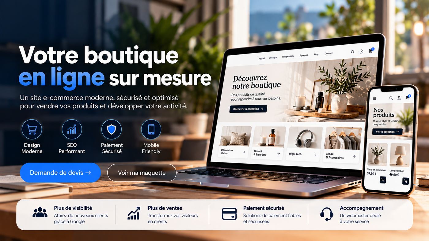 Boutique en ligne sur mesure : design moderne, SEO performant, paiement sécurisé, mobile friendly