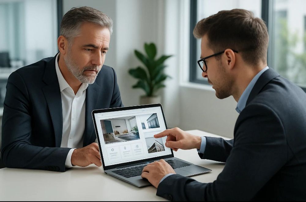Un expert Connected présente un site internet à un client sur ordinateur portable