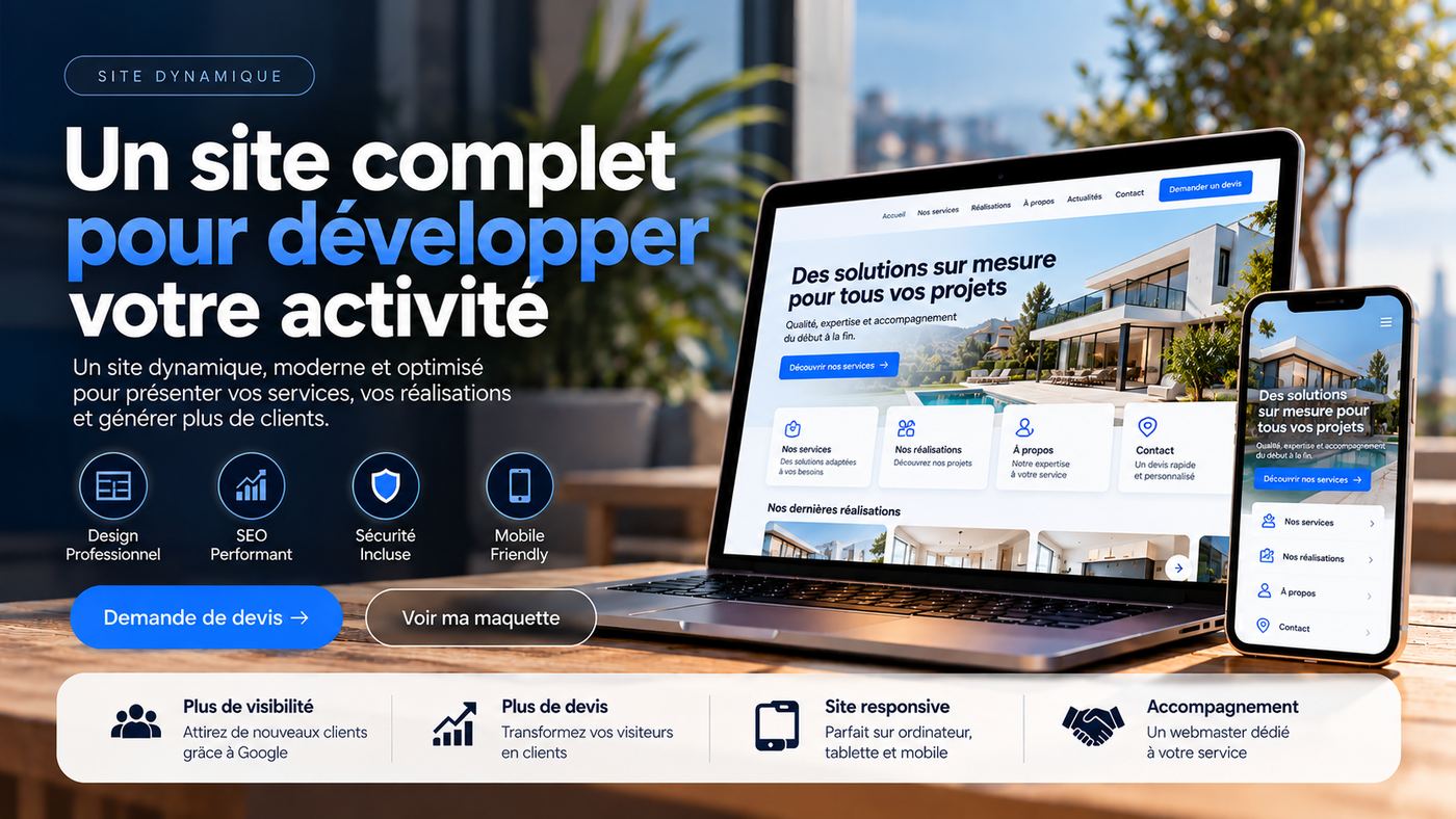 Site dynamique : un site complet pour développer votre activité, design professionnel, SEO performant, sécurité incluse, mobile friendly
