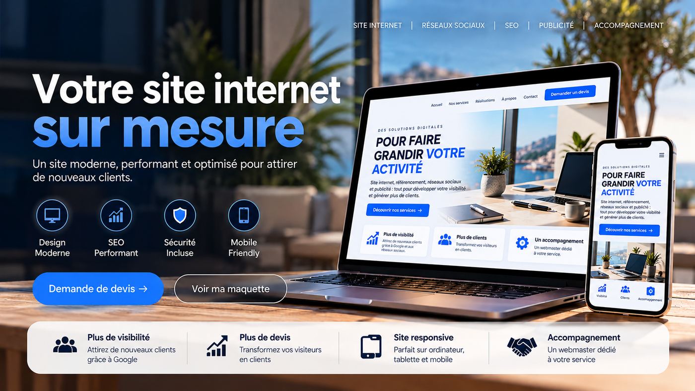 Site vitrine sur mesure : design moderne, SEO performant, sécurité incluse, mobile friendly